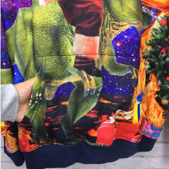 Threadcraft Santa Trex Graphic Hoodie Ugly Christmas Sweater Sweatshirt Men's L - Picture 3 of 12